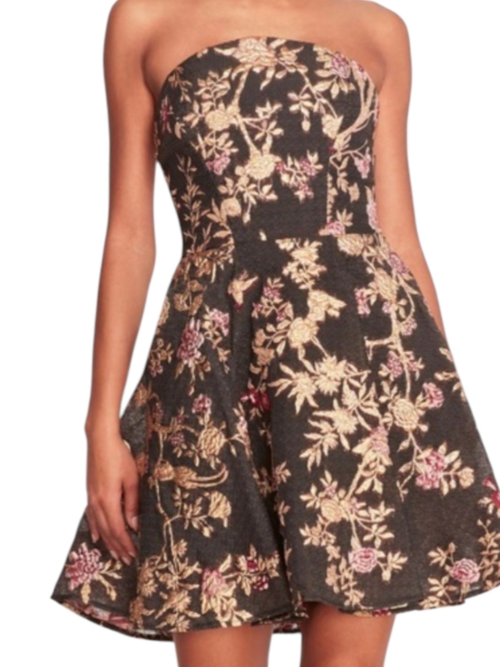 Marchesa Strapless Floral Fit-and-Flare Dress in Black, Gold & Pink 8